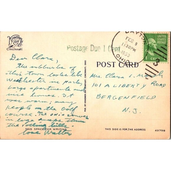 Central Parkway Cincinnati Ohio Kraemer Art Co Vintage Linen Postcard Posted 195 - Picture 2 of 2